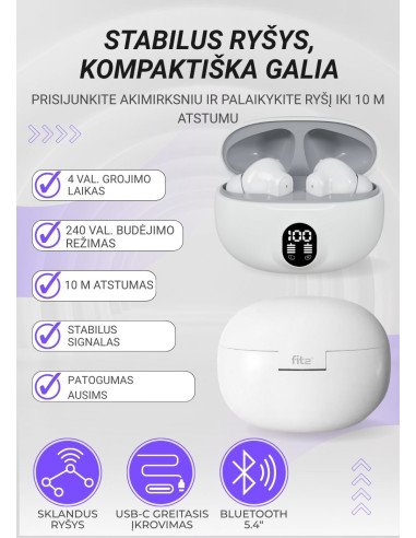 FIT2 TWS Wireless Earbuds Bluetooth 5.4 with Charging Case FITH895, White — view 8