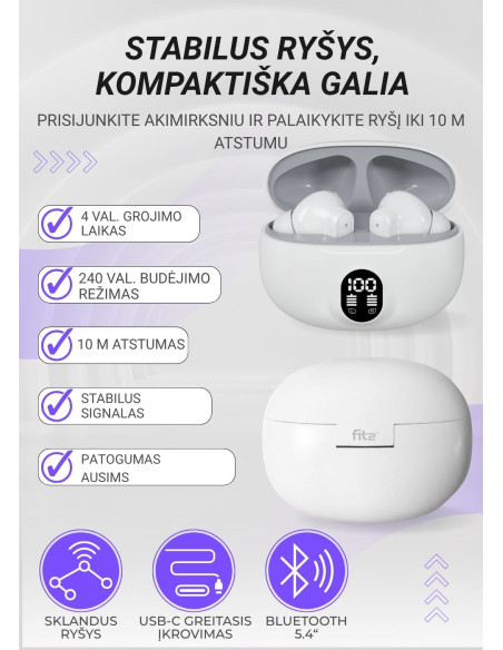 Belaidės ausinės FIT2, FITH895, baltos