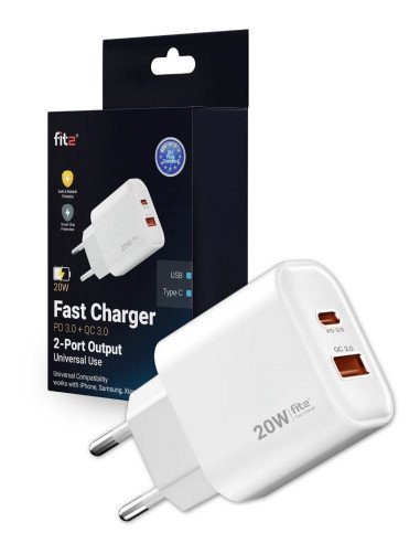 Greitasis įkroviklis FIT2, 20W (USB A +Type C), FITK20, baltas