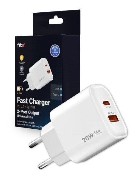 Greitasis įkroviklis FIT2, 20W (USB A +Type C), FITK20, baltas
