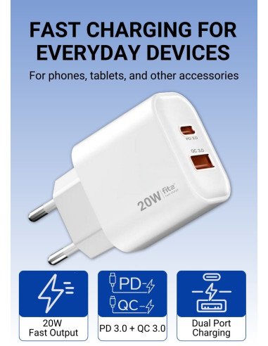 Greitasis įkroviklis FIT2, 20W (USB A +Type C), FITK20, baltas — vaizdas 2