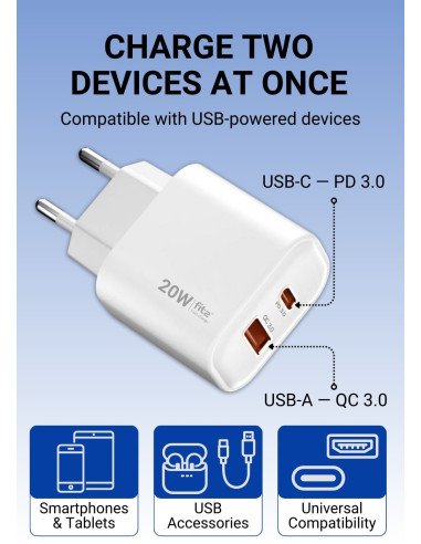 Greitasis įkroviklis FIT2, 20W (USB A +Type C), FITK20, baltas — vaizdas 3