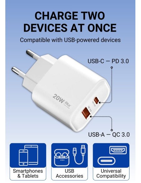 Greitasis įkroviklis FIT2, 20W (USB A +Type C), FITK20, baltas — vaizdas 3