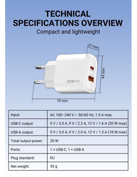 Greitasis įkroviklis FIT2, 20W (USB A +Type C), FITK20, baltas — vaizdas 4