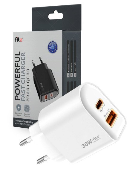 Fast Charger FIT2, 30W (USB A +Type C), FITK22-W, white