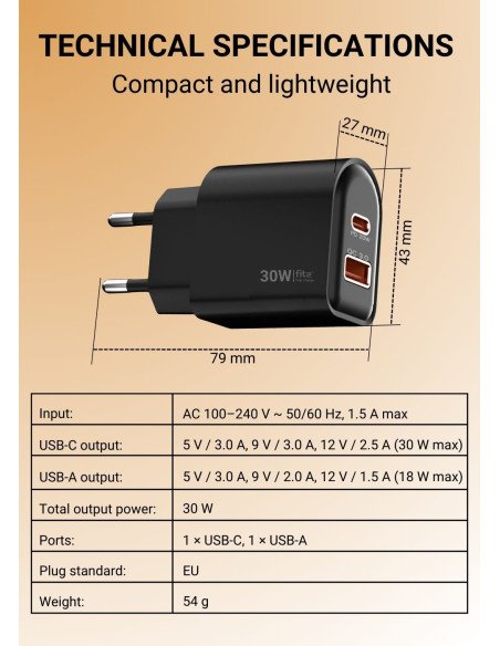 Fast Charger FIT2, 30W (USB A +Type C), FITK22-W, white