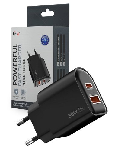 Fast Charger FIT2, 30W (USB A +Type C), FITK22-J, black