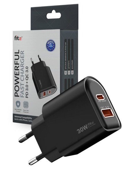 Fast Charger FIT2, 30W (USB A +Type C), FITK22-J, black