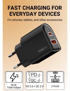 Fast Charger FIT2, 30W (USB A +Type C), FITK22-J, black 2