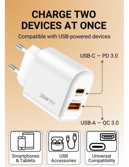 Fast Charger FIT2, 30W (USB A +Type C), FITK22-J, black — view 3