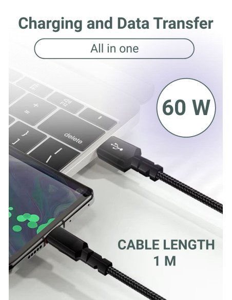 Fast Charging Cable FIT2, FITWS003, 60W, (Type C - Type C), black