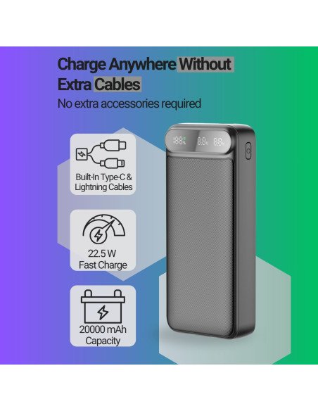 Powerbank FIT2 22.5W, 20000 mAh, Integrated Cables, Black