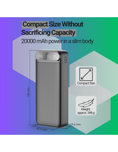 Išorinė baterija FIT2 22.5W, su integruotais kabeliais, 20000 mAh juoda — vaizdas 4