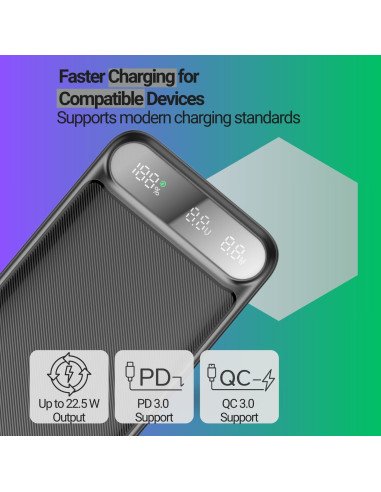 Išorinė baterija FIT2 22.5W, su integruotais kabeliais, 20000 mAh juoda — vaizdas 6