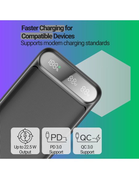 Powerbank FIT2 22.5W, 20000 mAh, Integrated Cables, Black