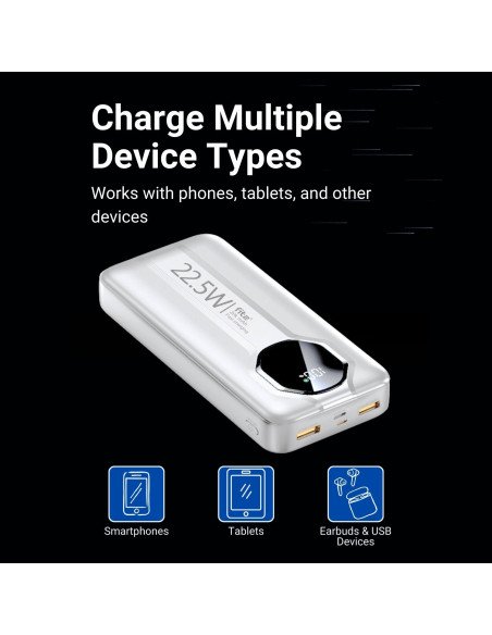 FIT2 Y1240 Fast Charging Power Bank 20000 mAh, 22.5 W PD, LED digital display, White