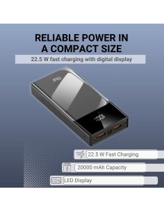 FIT2 K100 greitojo įkrovimo išorinė baterija 20000 mAh, 22,5 W PD, LED skaitmeninis ekranas, juoda 2