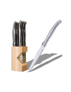 Retoo O924 steak knife set in wooden block with single knife in foreground