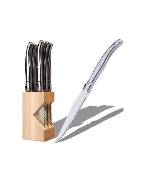 Retoo O924 steak knife set in wooden block with single knife in foreground