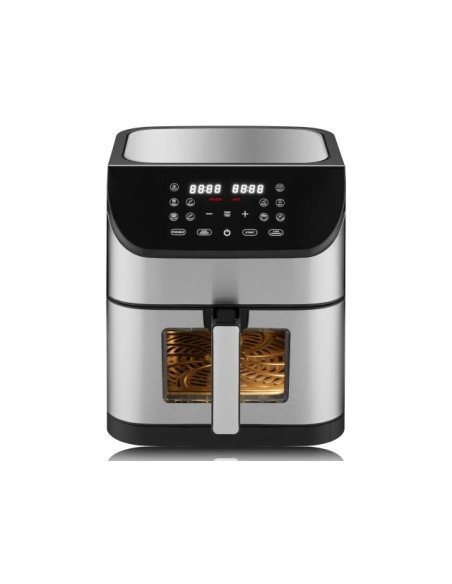Retoo OR1308 air fryer 3/4 angle view showing stainless steel body and basket viewing window