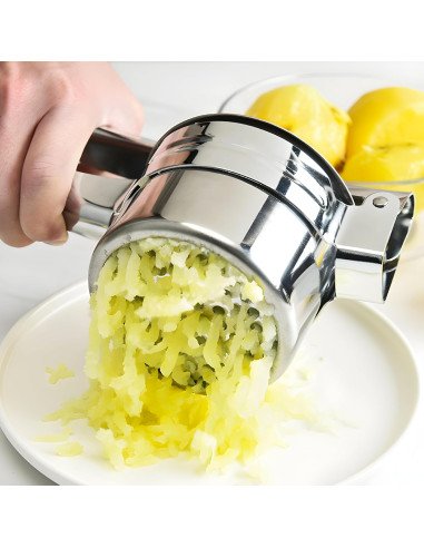 RETOO stainless steel vegetable ricer with removable disc and boiled potatoes