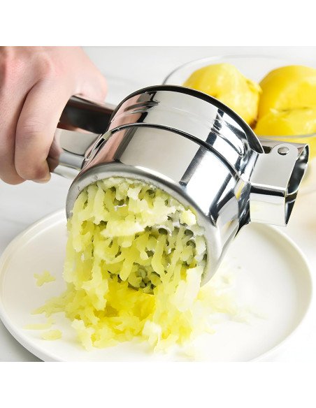RETOO stainless steel vegetable ricer with removable disc and boiled potatoes