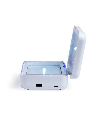 Livoo TEA256 UV sterilizatoriaus šoninis vaizdas su veikiančiomis UV-C lempomis ir USB jungtimis