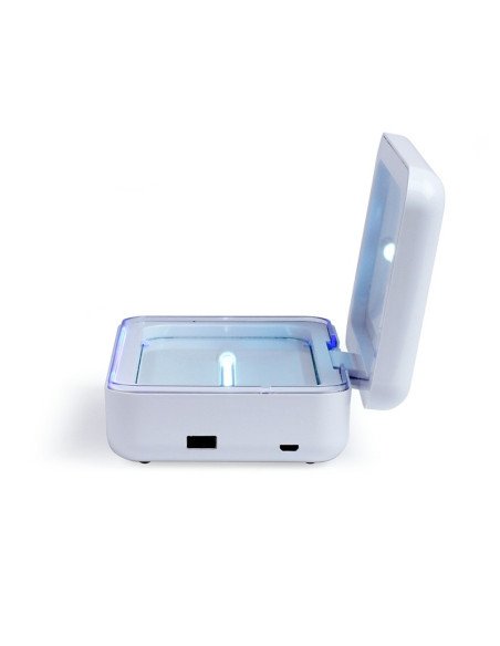 Livoo TEA256 UV sterilizer side view with active UV-C lamps and USB ports