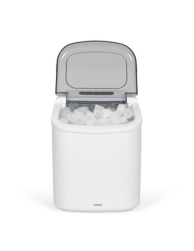 Livoo DOM484 ice cube maker with open lid showing full ice basket