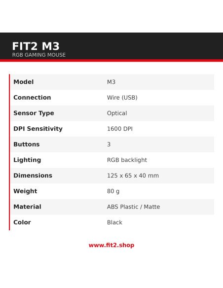 FIT2 M3 gaming mouse specifications 1600 DPI