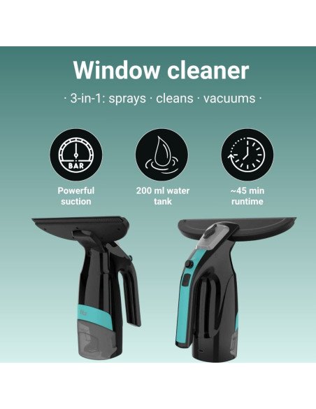 FIT2 window cleaner 3-in-1 overview: powerful suction, 200 ml tank, ~45 min runtime