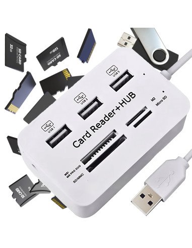 7-in-1 USB šakotuvas su kortelių skaitytuvu ir 3 USB