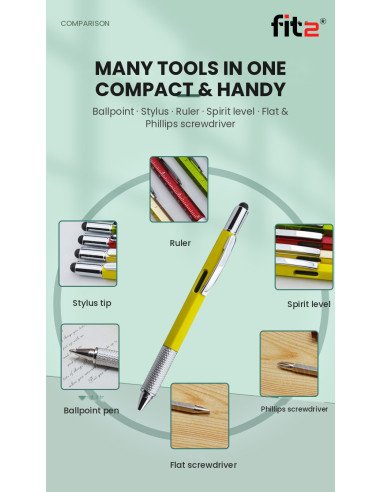 Rašiklis FIT2, juodas – 6-in-1: tušinukas, stylus, liniuotė, gulsčiukas, atsuktuvai