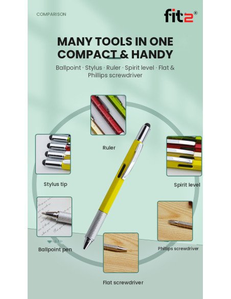 Rašiklis FIT2, juodas – 6-in-1: tušinukas, stylus, liniuotė, gulsčiukas, atsuktuvai