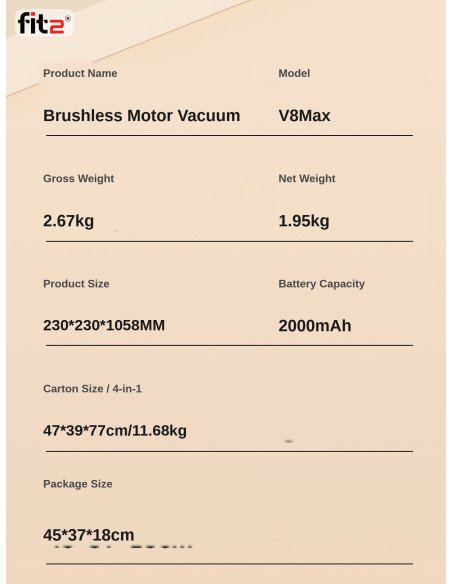 FIT2 V8 Max Cordless Stick Vacuum Cleaner – 12