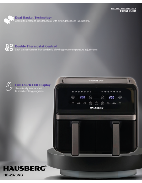 Hausberg HB-2373NG Twin Air Dual Basket Air Fryer, 8.4 L, 2400 W