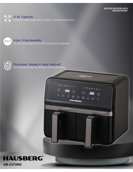 Hausberg HB-2373NG Twin Air Dual Basket Air Fryer, 8.4 L, 2400 W