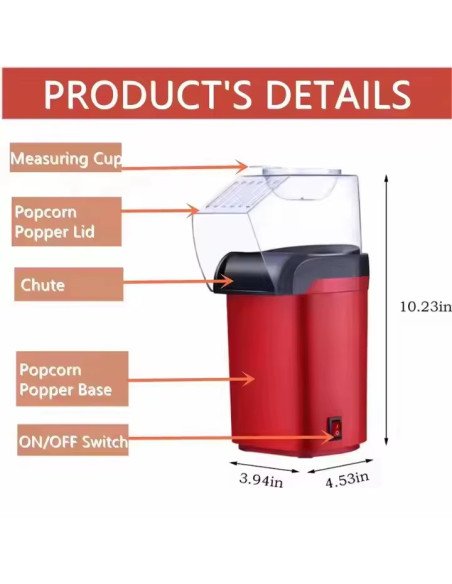 Parts of the popcorn maker and dimensions