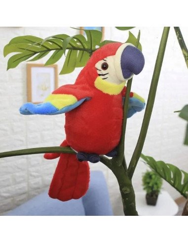 Talking parrot plush toy perched on a branch