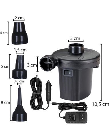 Matmenys ir komplektacija: pompa 10,5 cm, antgaliai 6/15/20 mm, tinklo ir 12V laidai