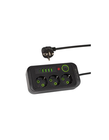 Ilgintuvas BLOW PS-330S, 3 lizdai, 4 × USB, USB-C, jungiklis, 3 m, juo