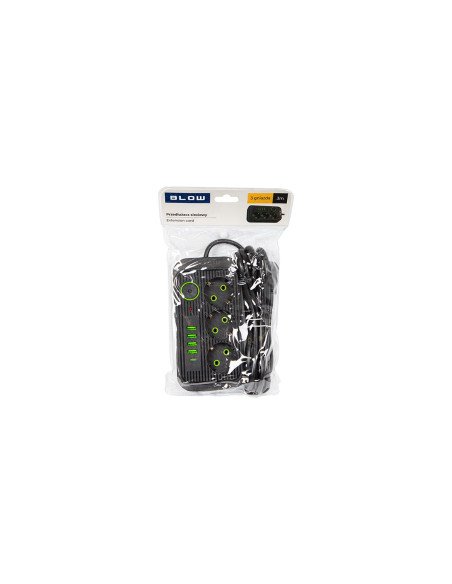 Ilgintuvas BLOW PS-330S, 3 lizdai, 4 × USB, USB-C, jungiklis, 3 m, juo