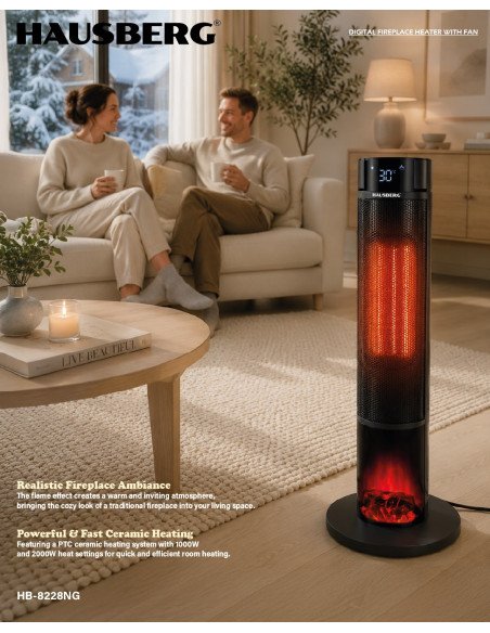 Elektrinis židinio tipo šildytuvas su ventiliatoriumi Hausberg HB-8228NG, 2000 W, juodas
