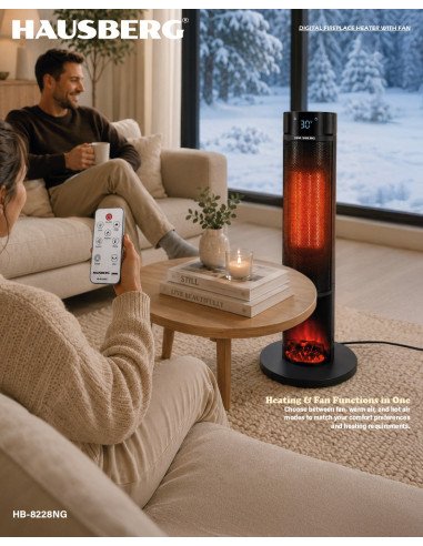 Hausberg HB-8228NG Digital Fireplace Tower Heater with Fan 2000 W, Black