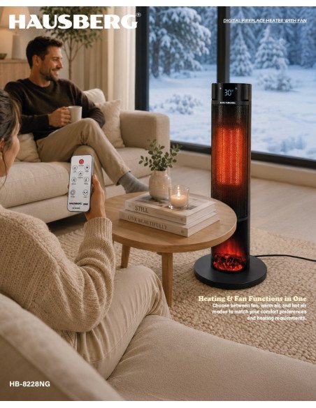 Elektrinis židinio tipo šildytuvas su ventiliatoriumi Hausberg HB-8228NG, 2000 W, juodas