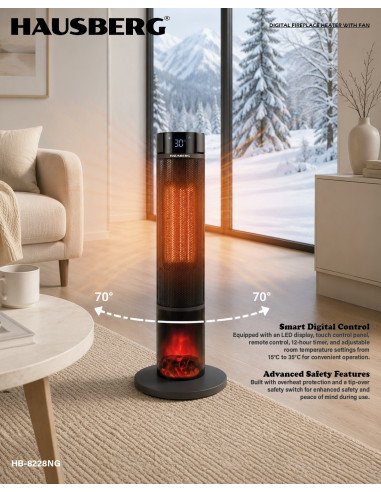 Hausberg HB-8228NG Digital Fireplace Tower Heater with Fan 2000 W, Black
