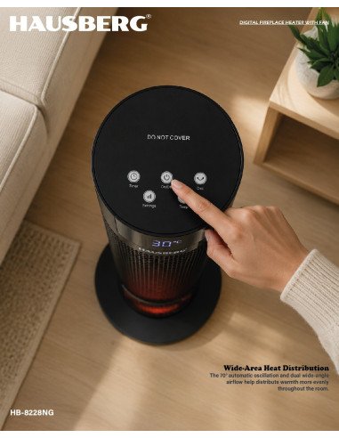 Elektrinis židinio tipo šildytuvas su ventiliatoriumi Hausberg HB-8228NG, 2000 W, juodas