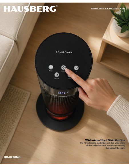 Elektrinis židinio tipo šildytuvas su ventiliatoriumi Hausberg HB-8228NG, 2000 W, juodas