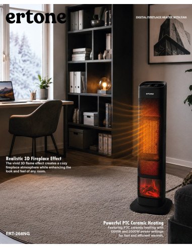 Elektrinis židinio tipo šildytuvas su ventiliatoriumi Ertone ERT-266NG, 2000 W, juodas