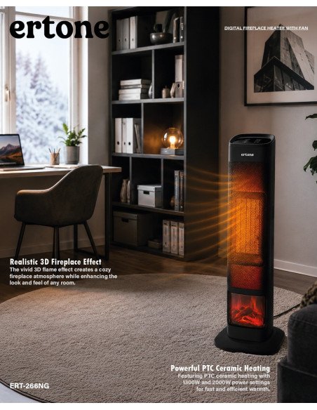 Elektrinis židinio tipo šildytuvas su ventiliatoriumi Ertone ERT-266NG, 2000 W, juodas